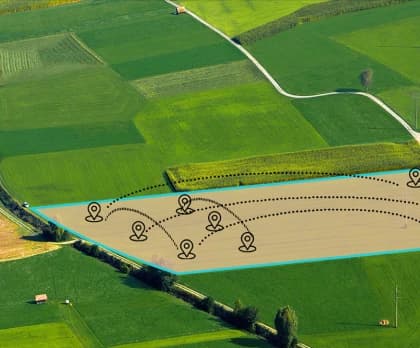 A terrain map of a field indicating drone crop monitoring routes