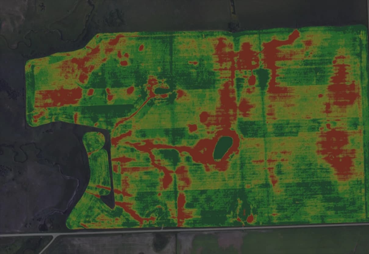 Thermal imaging highlighting a field's health captured by a drone